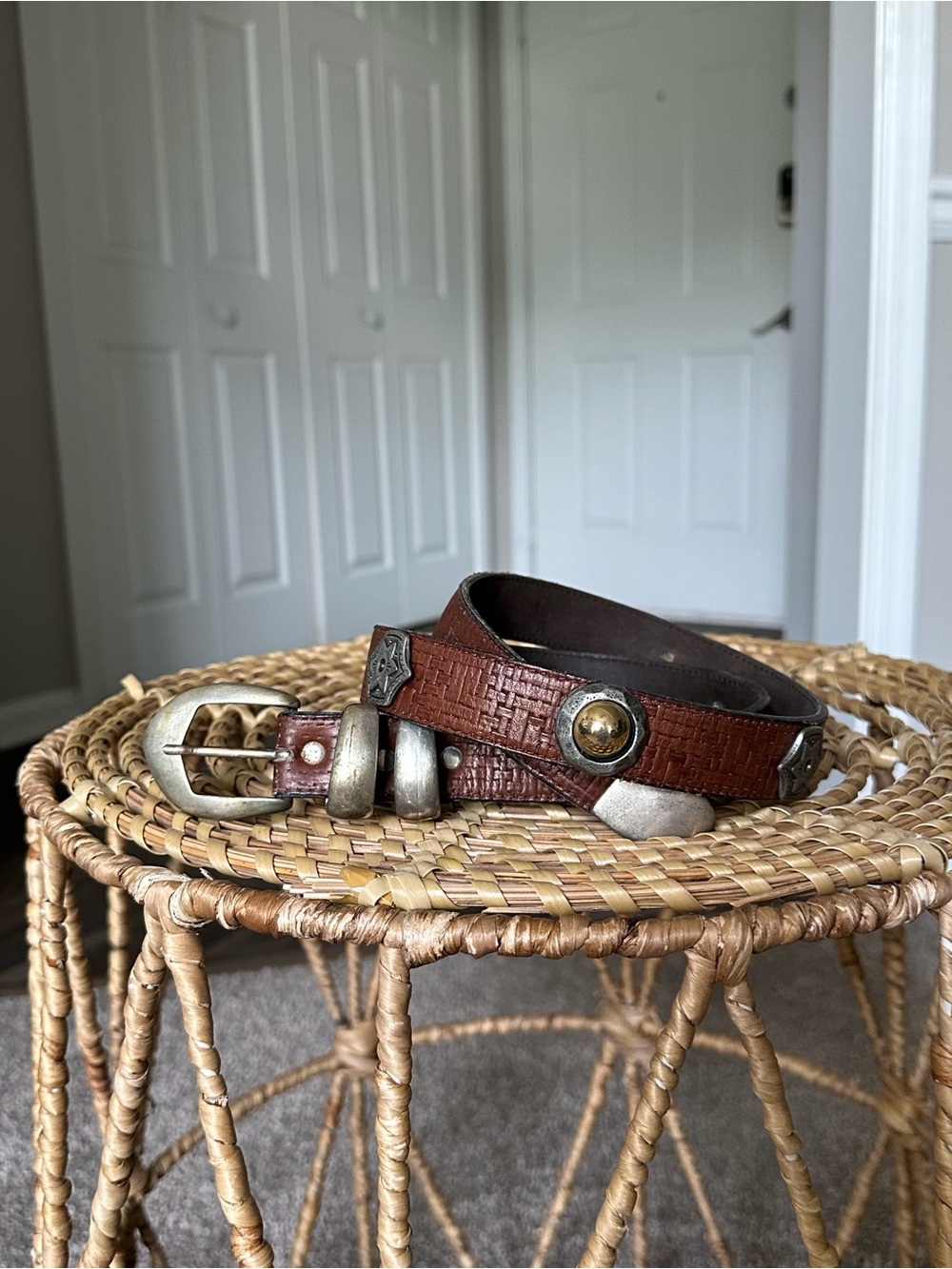 Vintage Leatherock Brown Leather Belt with Mixed Metal Studs and Buckle Womens M